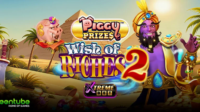 Tampilan visual slot Piggy Prizes Wish of Riches 2 dengan elemen koin emas dan genie